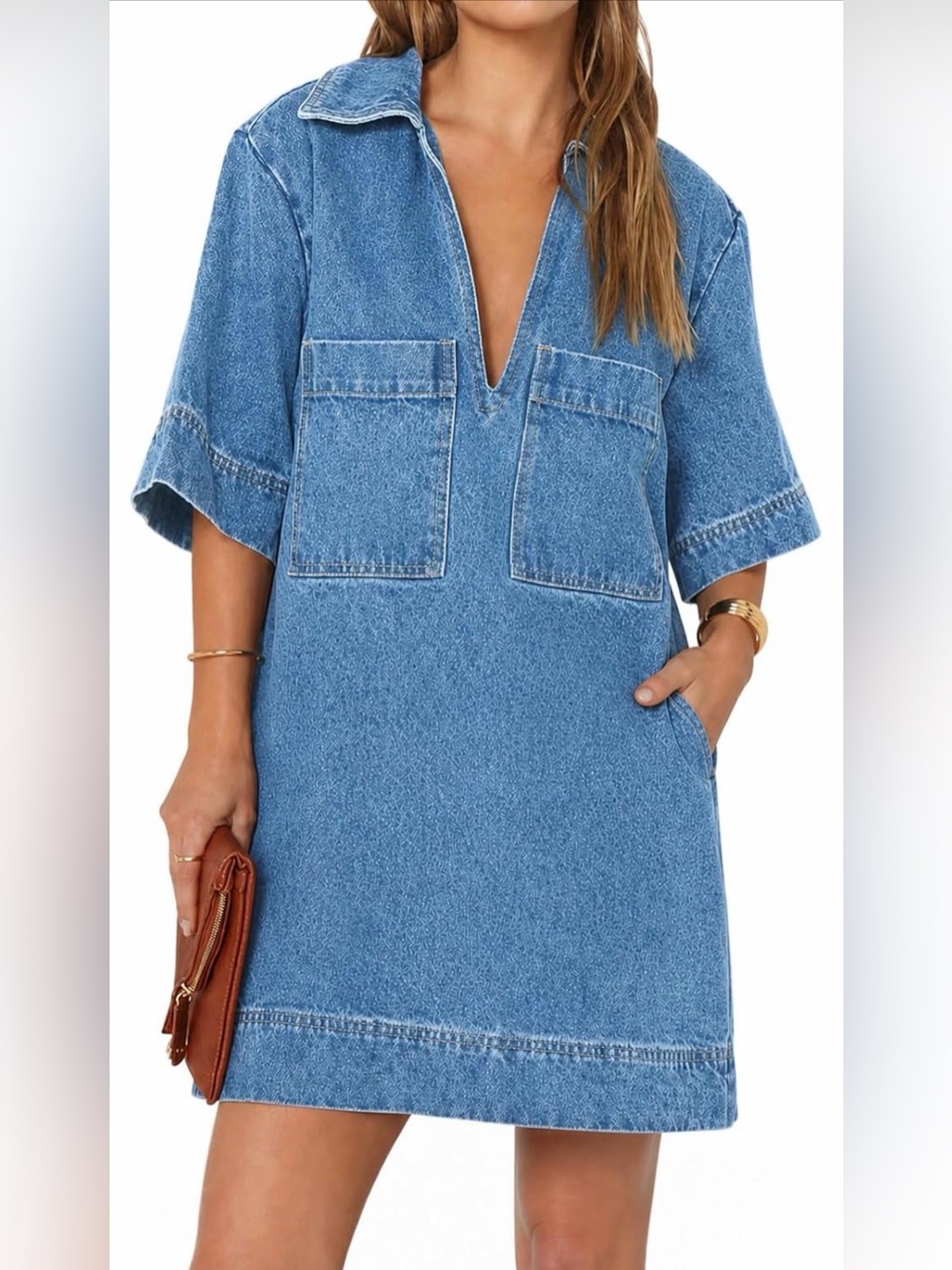 Casual Light Blue Denim Mini Dress with Front Pockets